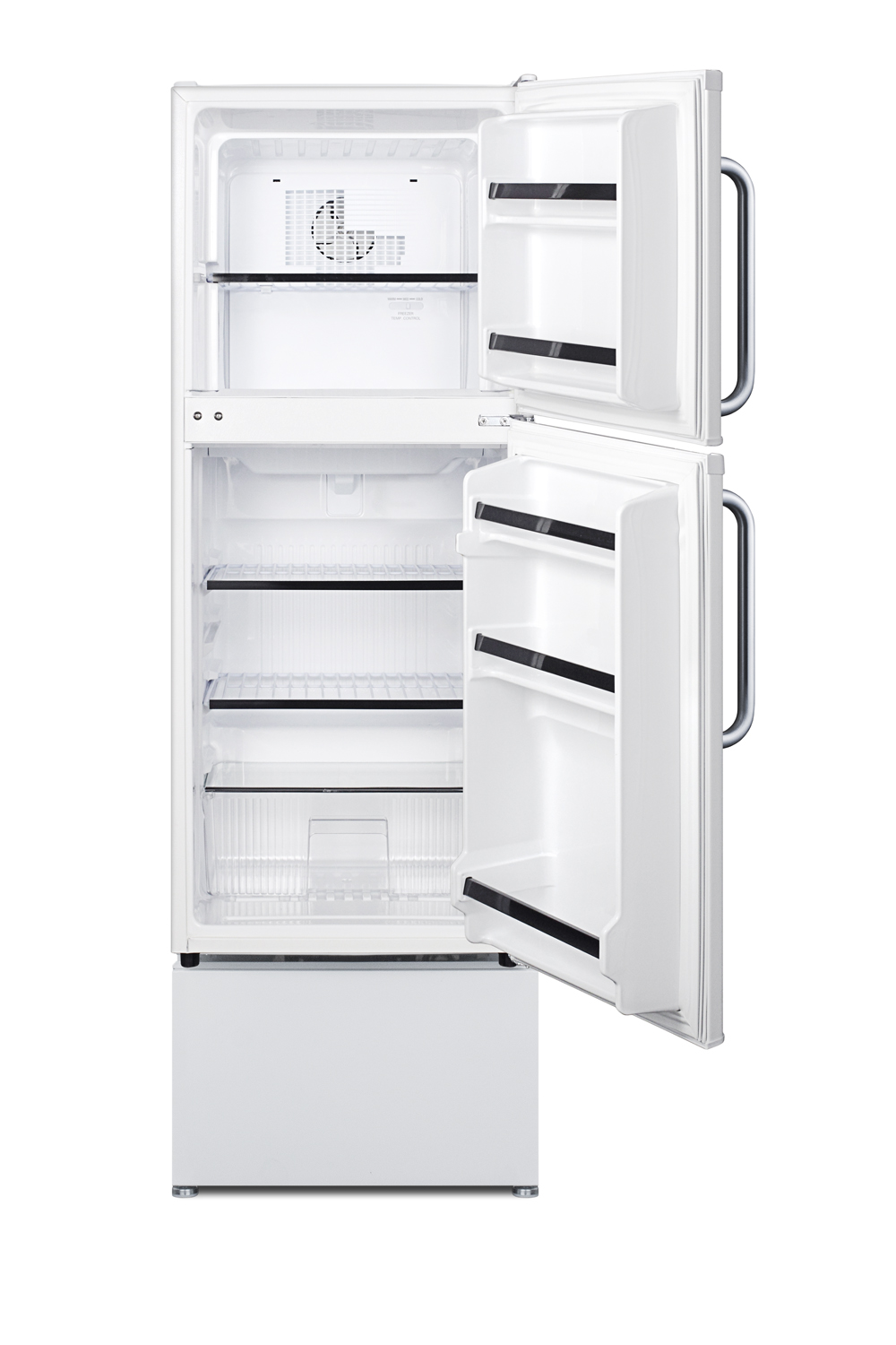 Two-door ENERGY STAR qualified refrigerator-freezer with pedestal to raise height and towel bar handles for easier accessibility in senior living facilities